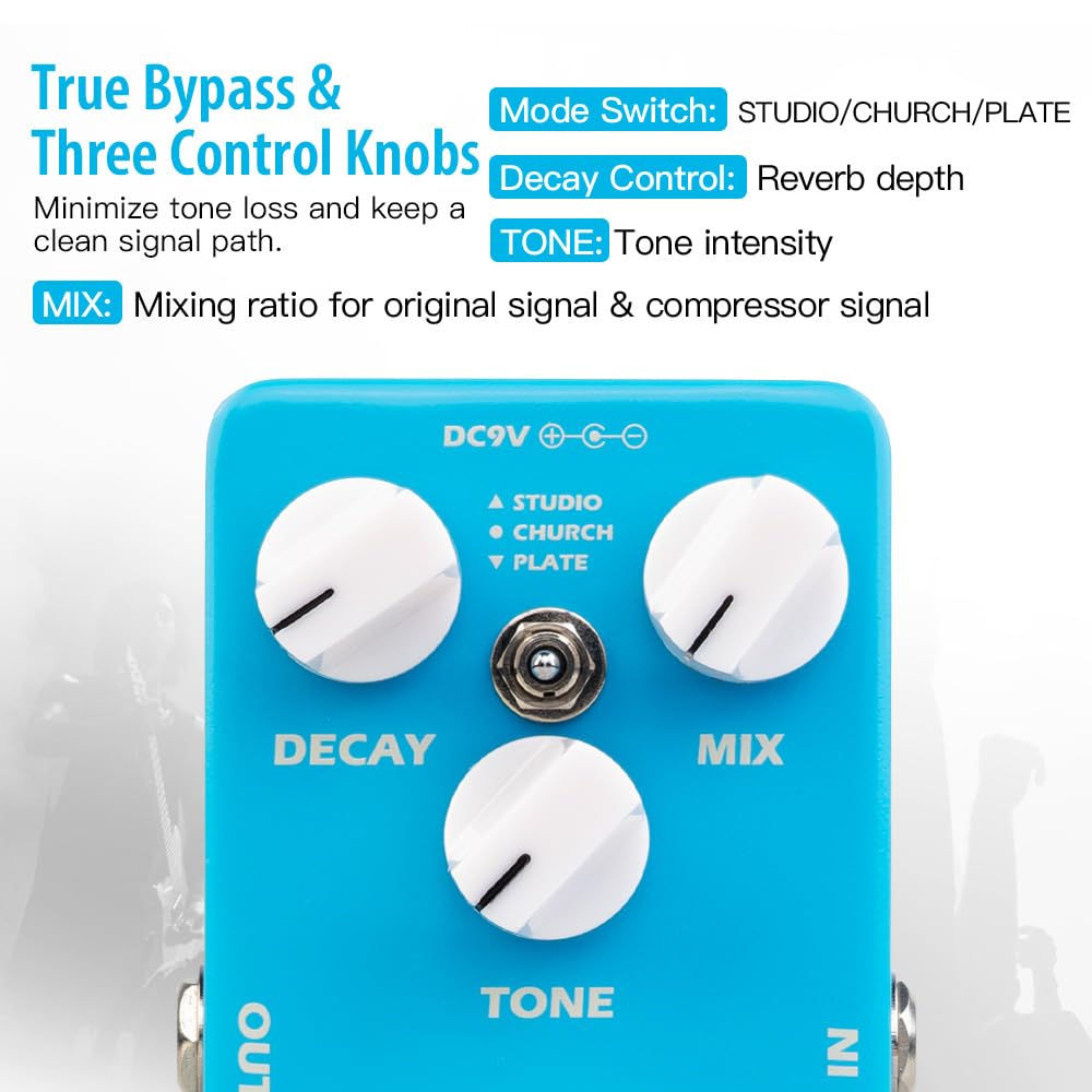 JOYO Reverb Effect Pedal Digital Guitar Pedal with 3 Reverb Effects (Studio, Church, Plate) for Electric Guitar - True Bypass (M